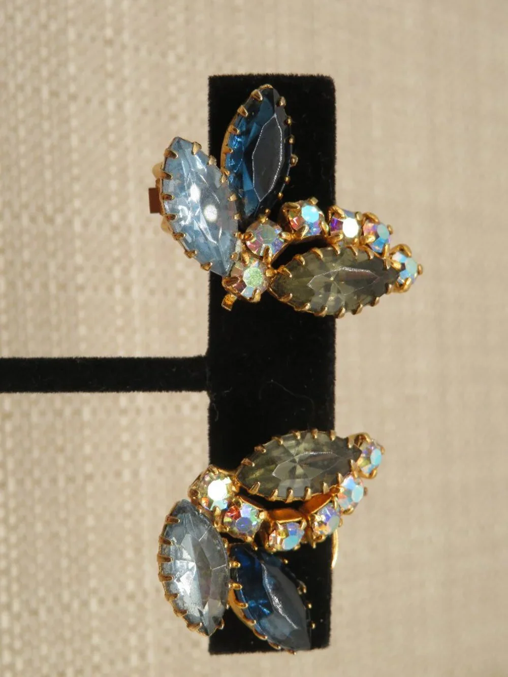 Vintage Blue Gray Rhinestone AB Accent Clip On Earrings